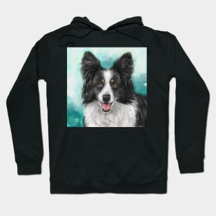 Painting of a Smiling Black and White Border Collie Dog on a Turquoise Background Hoodie